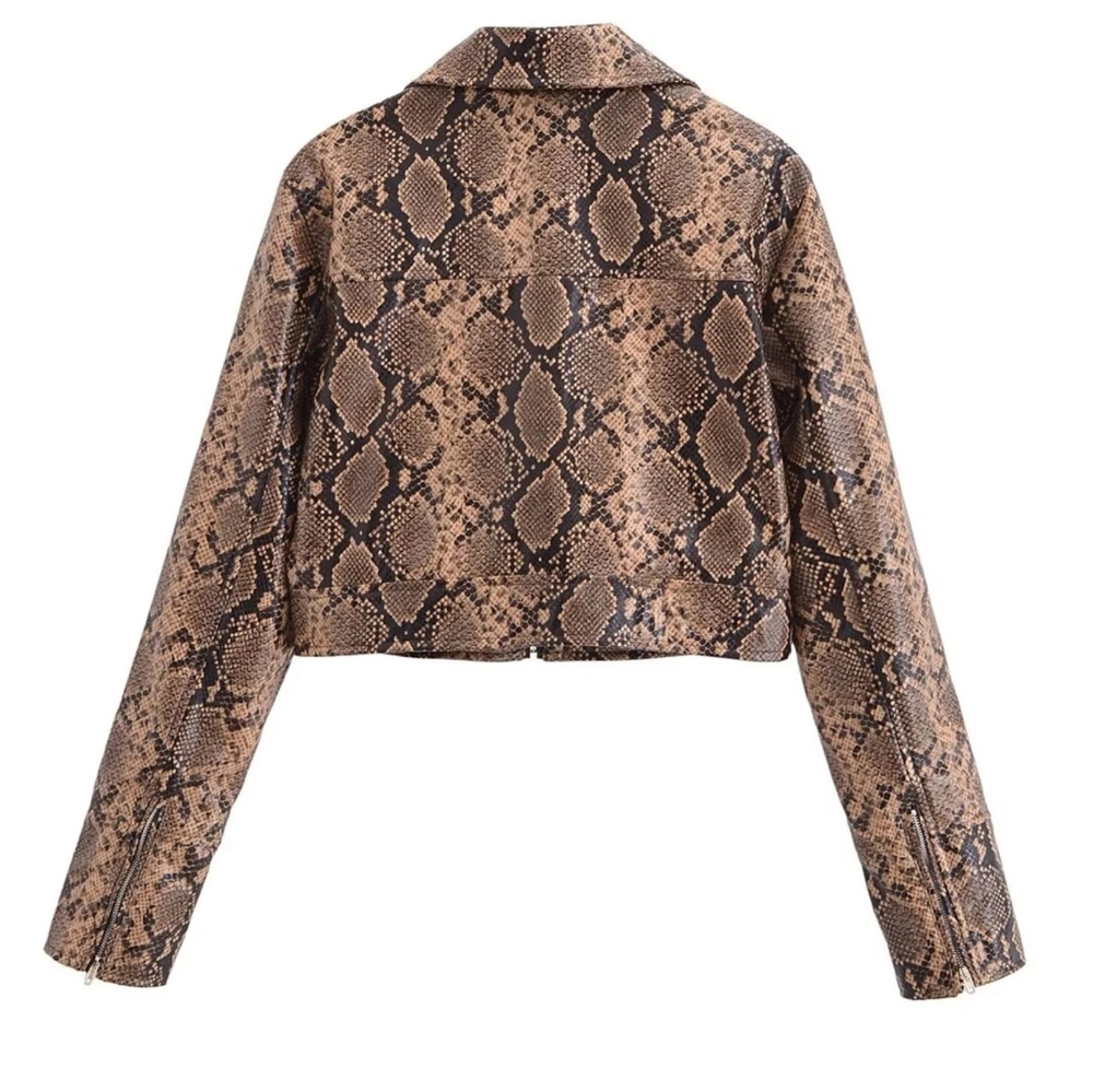 Fashion Snake Printed Short Jacket Women Lapel Zipper Long Sleeve - Picture 14 of 15